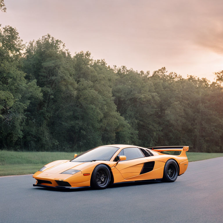 Orange Sports Car with Rear Spoiler Parked on Road at Sunset