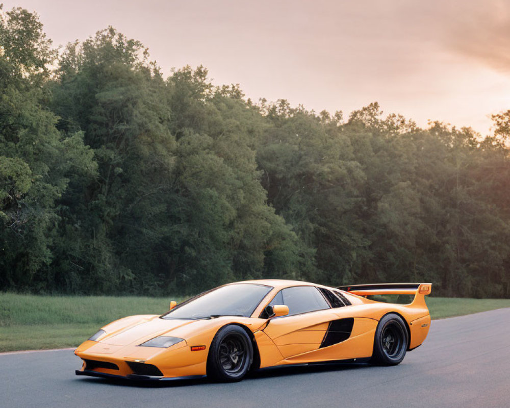 Orange Sports Car with Rear Spoiler Parked on Road at Sunset