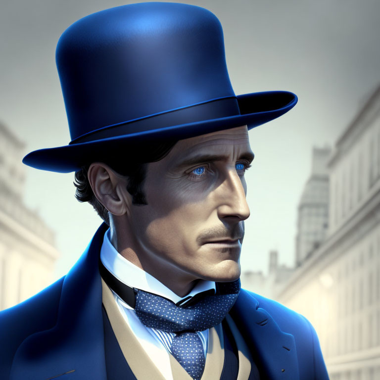 Sophisticated man in blue top hat and bow tie in urban setting