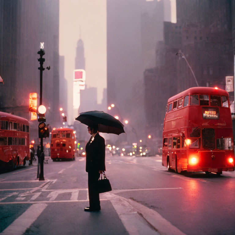 Person with umbrella in misty street with red buses and vintage street lights.