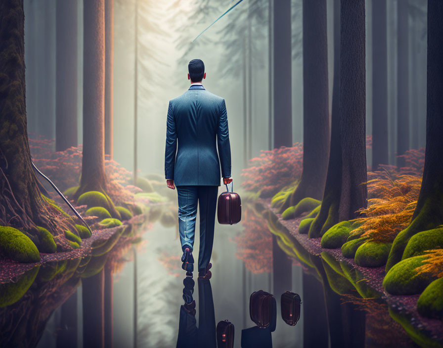 Man in suit with briefcase walks through vibrant mystical forest path