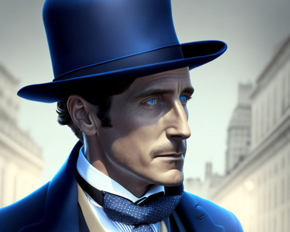 Sophisticated man in blue top hat and bow tie in urban setting