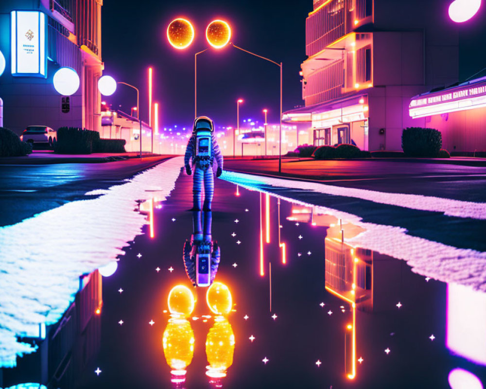 Nighttime scene: Person strolling neon-lit street with vibrant reflections