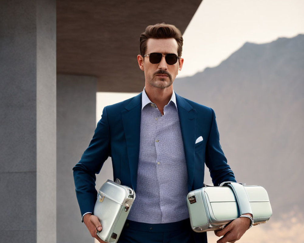 Fashionable man in blue suit and sunglasses with briefcases under concrete structure and mountains.