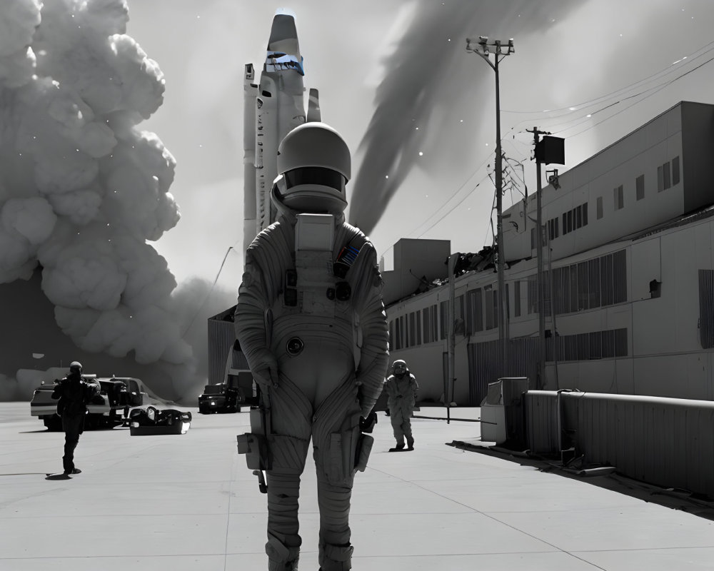 Astronaut walking to rocket launch site with personnel and vehicles under cloudy sky