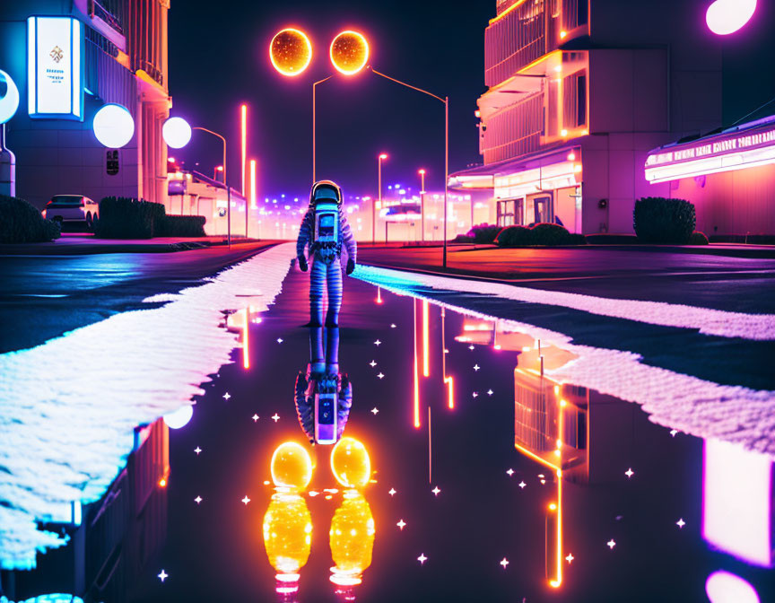 Nighttime scene: Person strolling neon-lit street with vibrant reflections