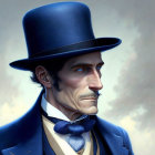 Sophisticated man in blue top hat and bow tie in urban setting