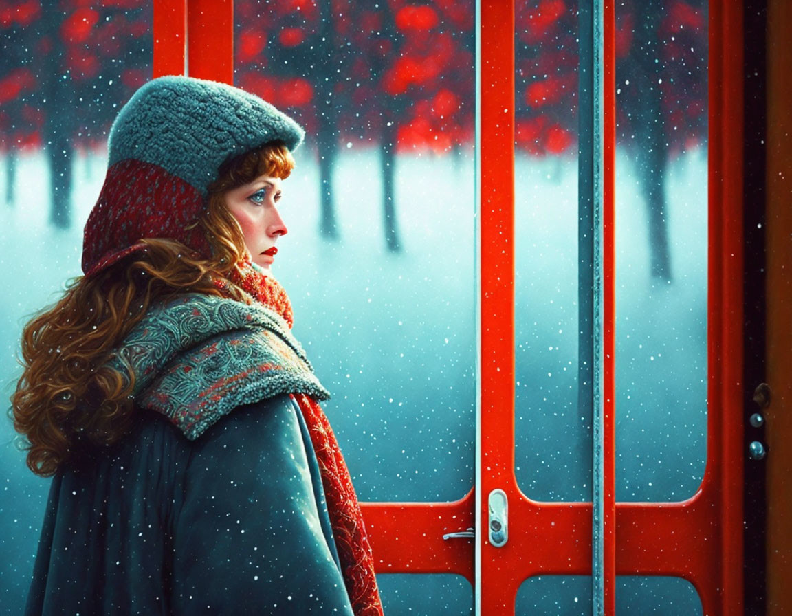 Woman in Winter Attire Beside Red Structure in Snowfall