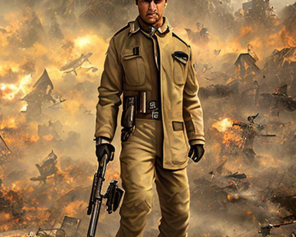 Confident man in tan military outfit on fiery battlefield with pistol