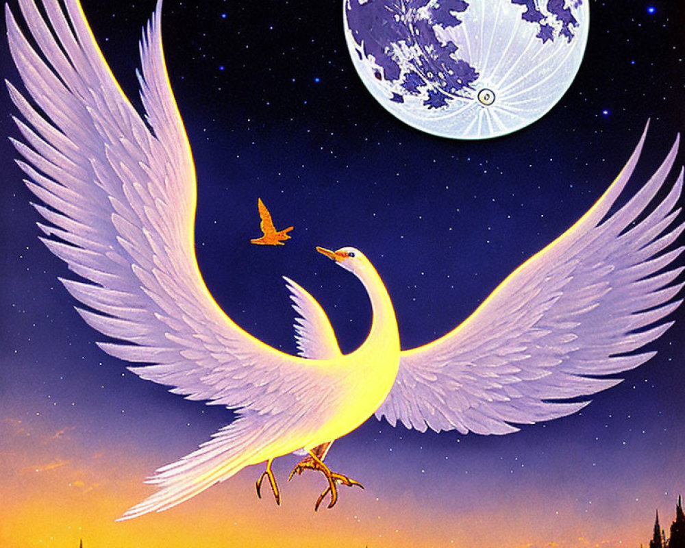 White bird with expansive wings soaring under starry sky with full moon and small butterfly