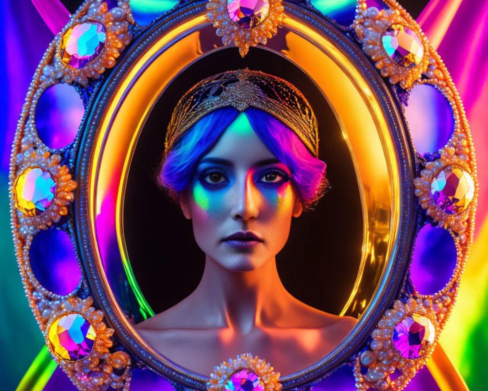 Blue-haired woman with makeup in ornate mirror on neon-lit backdrop