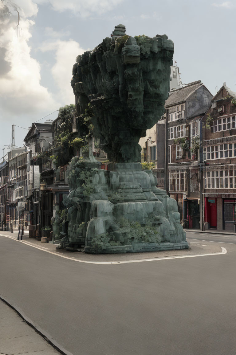 Large Green Cascading Mountain-Like Sculpture in Urban Setting