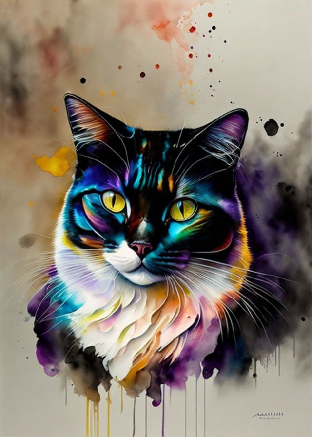 Colorful Watercolor-Style Painting of a Cat with Green Eyes