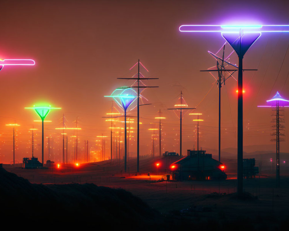 Vibrant neon-lit streetlights on a hazy night street