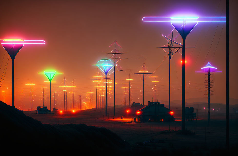 Vibrant neon-lit streetlights on a hazy night street