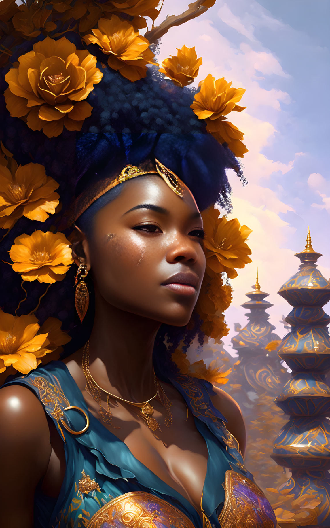 Illustrated portrait of woman with golden flowers, blue dress, and fantasy towers.