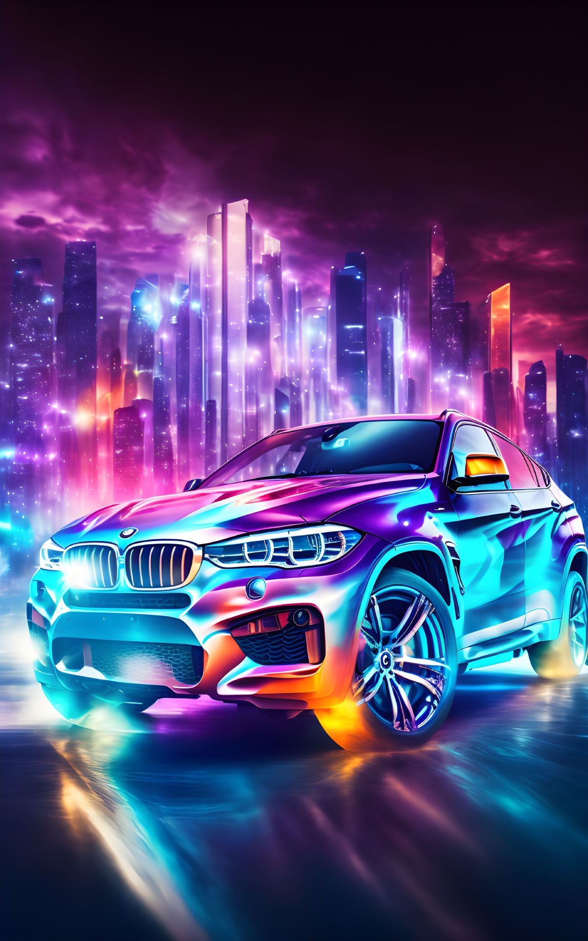 Futuristic BMW SUV with neon lights in colorful cityscape