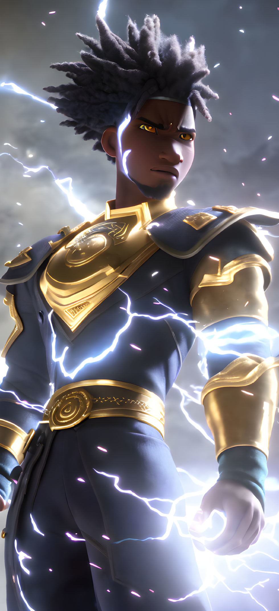 Stylized animated character with spiky gray hair in gold-trimmed blue armor surrounded by