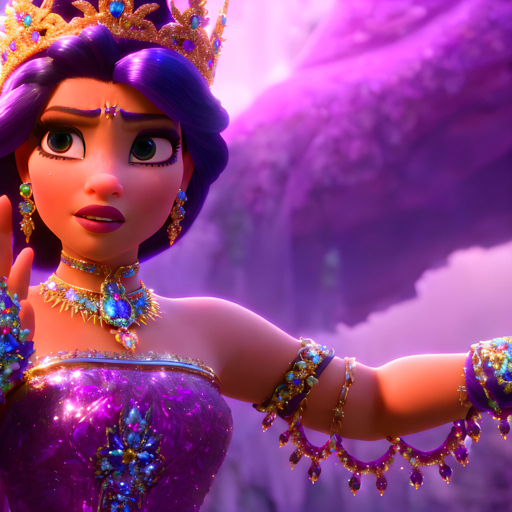 Purple dress 3D princess with gold jewelry in pinkish backdrop