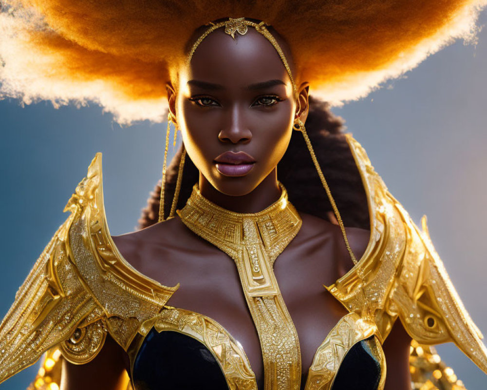 Striking Afro Woman in Gold Armor and Jewelry on Blue Background