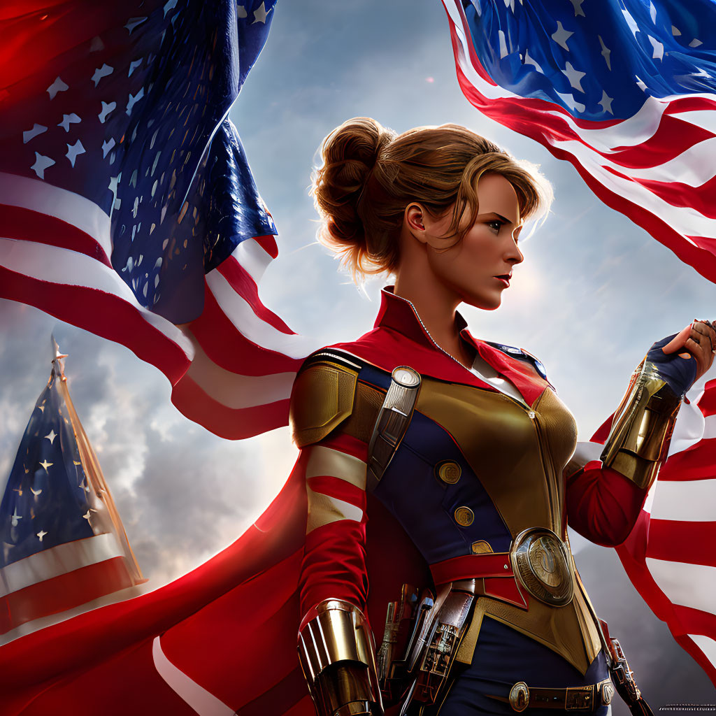 Stylized female superhero in American flag cape against sky backdrop