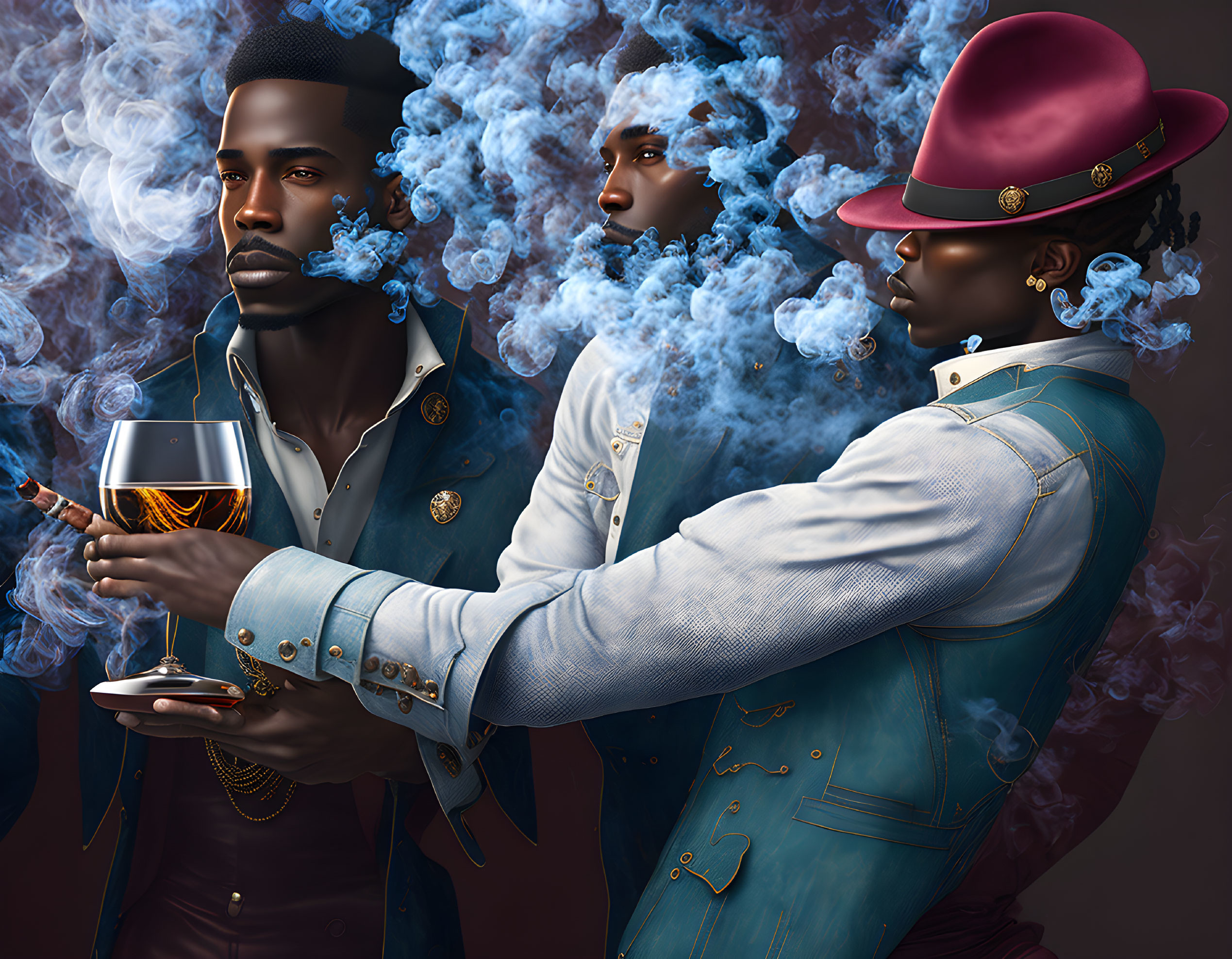 Stylized male figures in fashionable attire with smoke effects and whiskey glasses