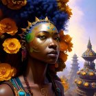 Illustrated portrait of woman with golden flowers, blue dress, and fantasy towers.