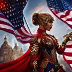 Stylized female superhero in American flag cape against sky backdrop