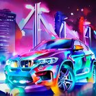 Futuristic BMW SUV with neon lights in colorful cityscape