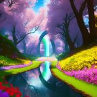 Fantasy garden with pink trees, reflective river, colorful flowers, and luminescent waterfall