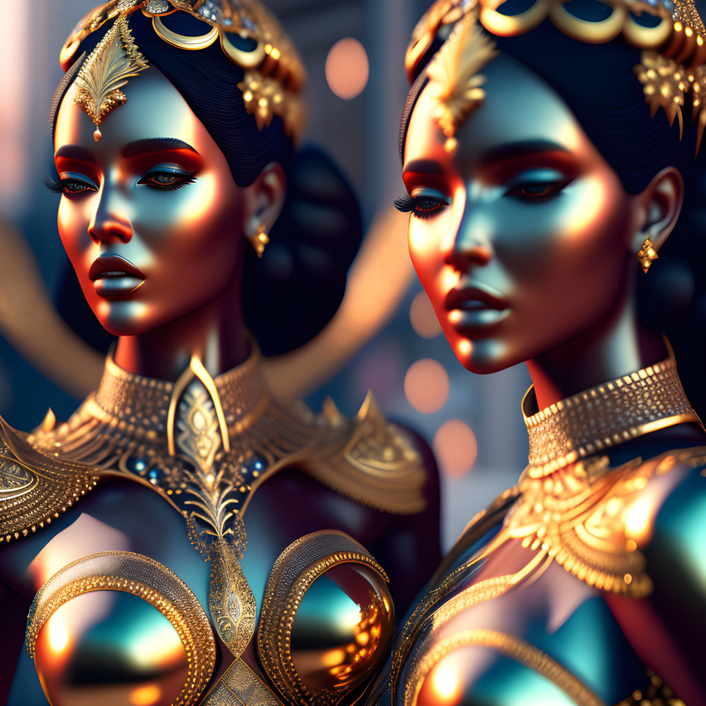 Golden-clad female figures with reflective skin and intricate headpieces.