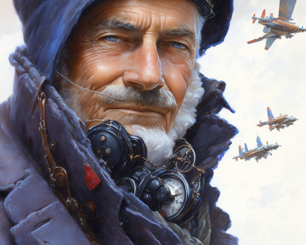 Weathered pilot in blue cap and goggles with graying beard, in blue flight jacket, vintage planes