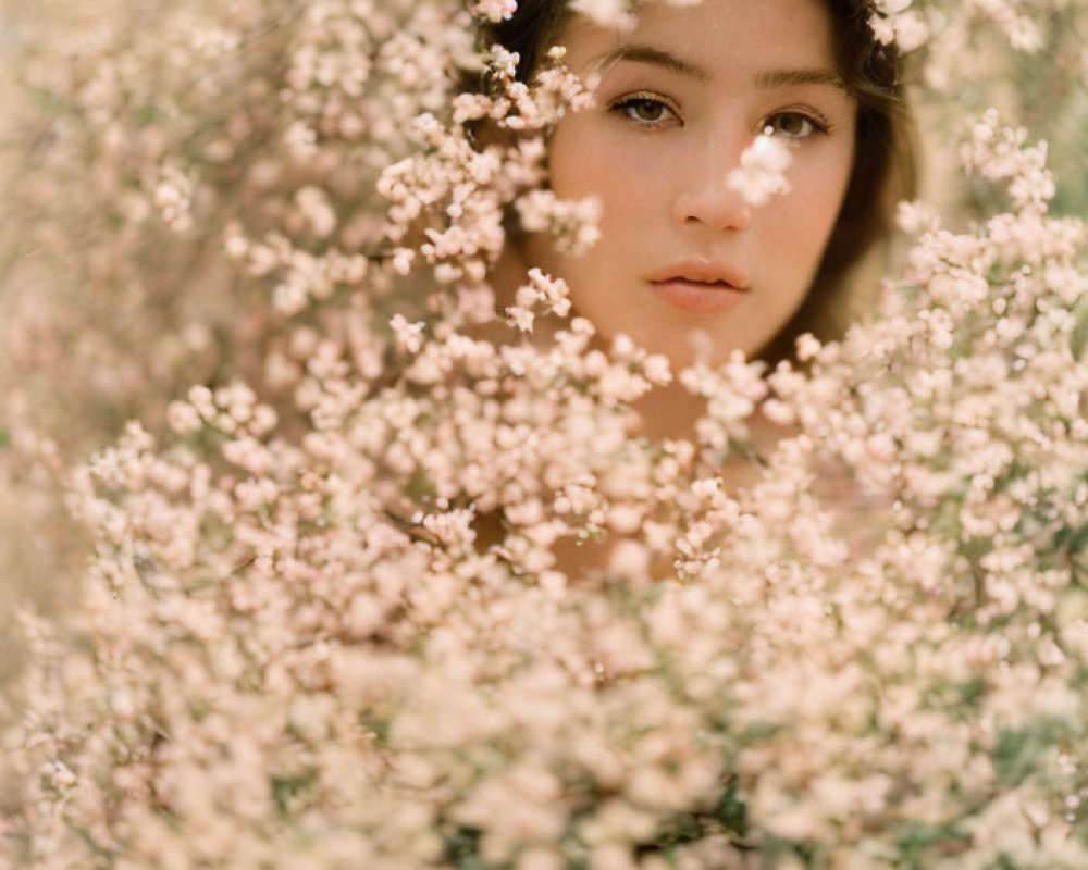 Delicate pinkish-white blossoms frame a woman's contemplative face