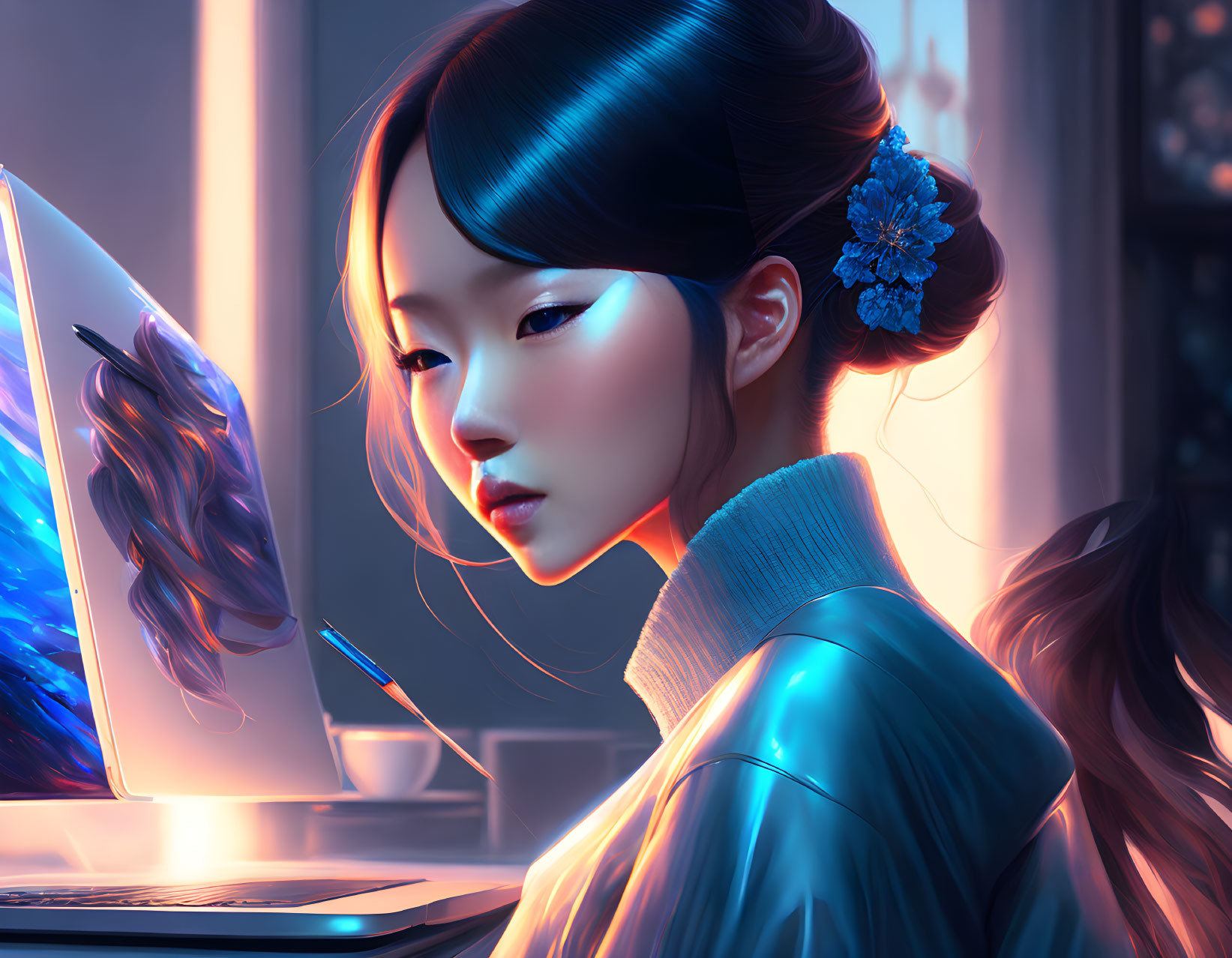 Digital artwork of a woman with blue flower, staring at glowing computer screen.