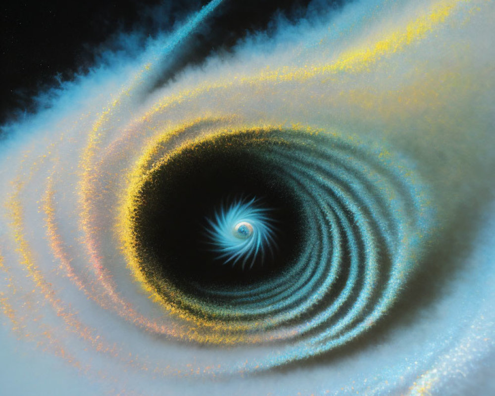 Stylized black hole with blue and yellow accretion disks in digital art