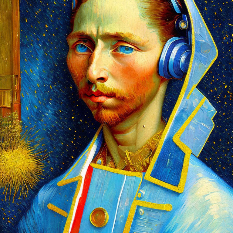 Vincent van Gogh's self-portrait with blue headphones and modern attire.