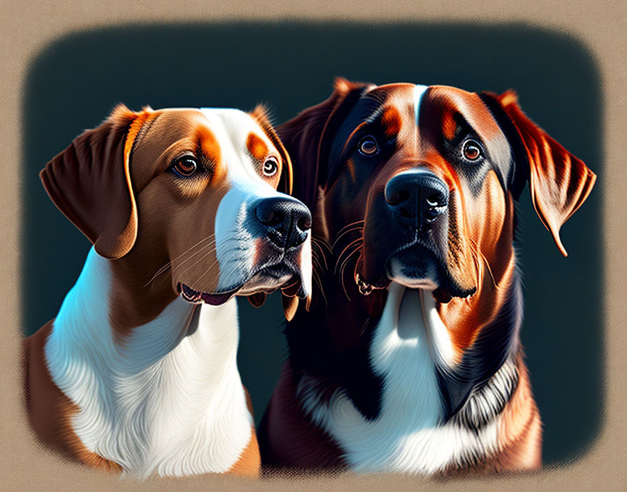 Two alert dogs with glossy coats and soulful eyes on muted background