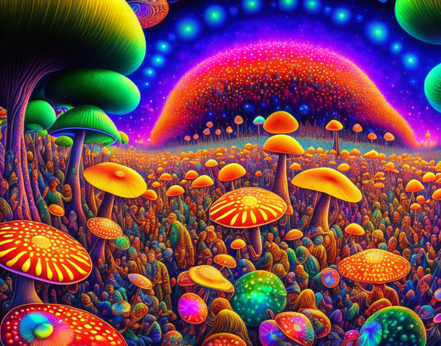 Colorful Mushroom Forest Under Neon-Lit Sky: Psychedelic Illustration