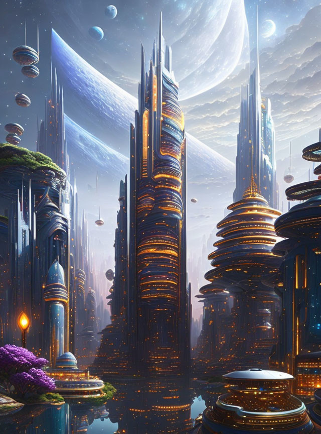 Futuristic cityscape with towering skyscrapers and glowing lights