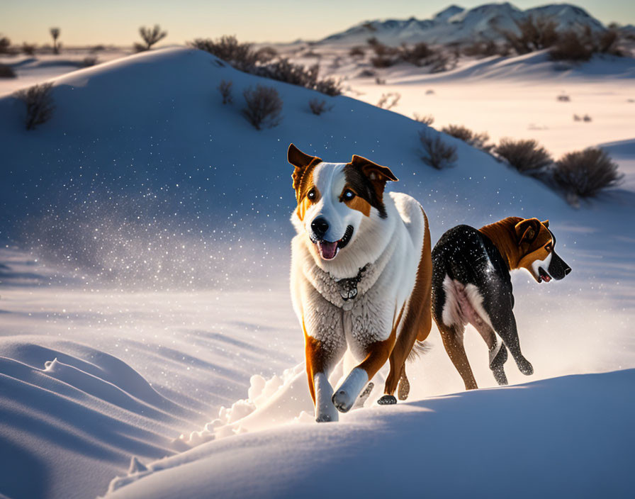 Two dogs running in snowy landscape with sunlit hills