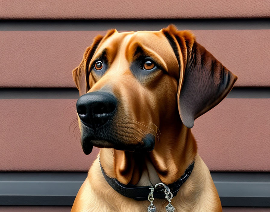 Brown Dog with Black Collar and Tags Against Reddish-Brown Background