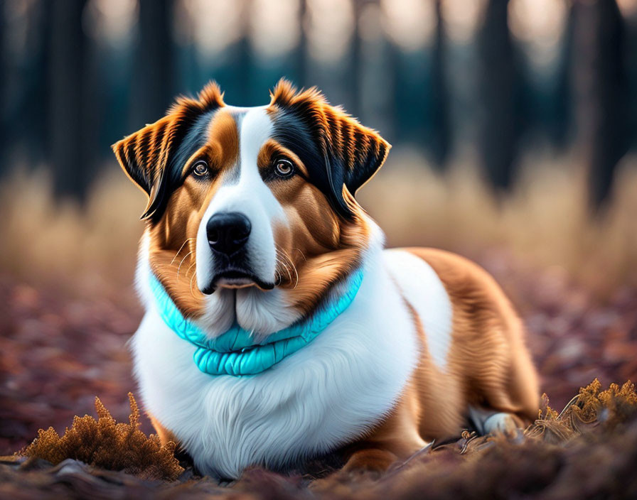 Brown-eyed Australian Shepherd dog in forest setting with amber foliage and golden-hour light.