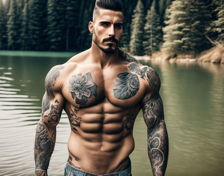 Tattooed, muscular man with beard by lake showcasing inked arms and chest