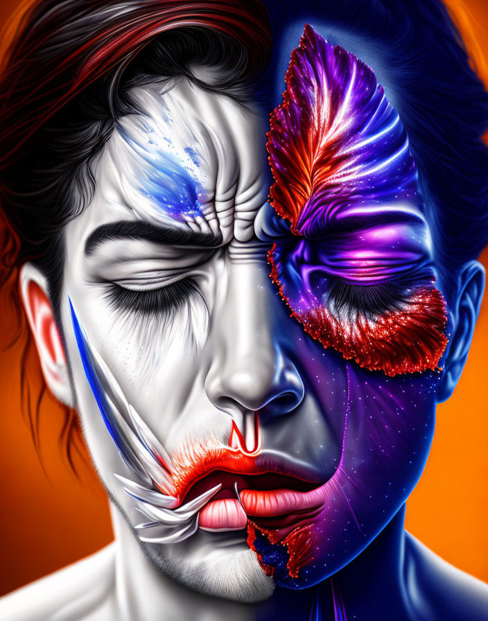 Colorful Split-Face Artwork Blending Human and Butterfly Elements