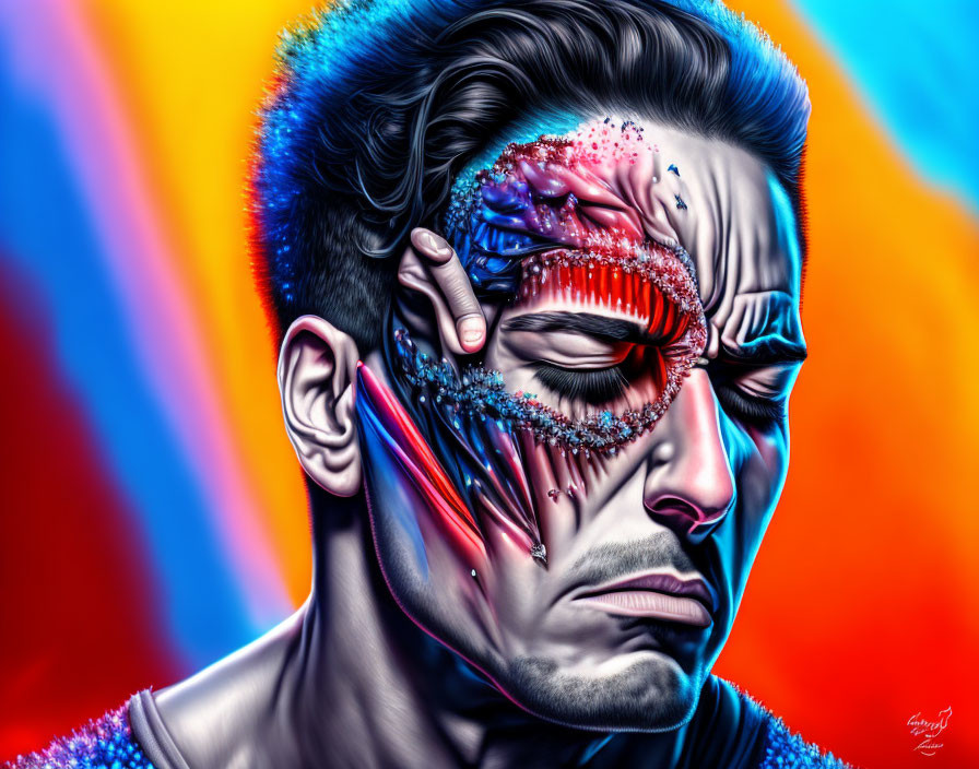 Vibrant digital artwork of a man with half-exposed biomechanical face