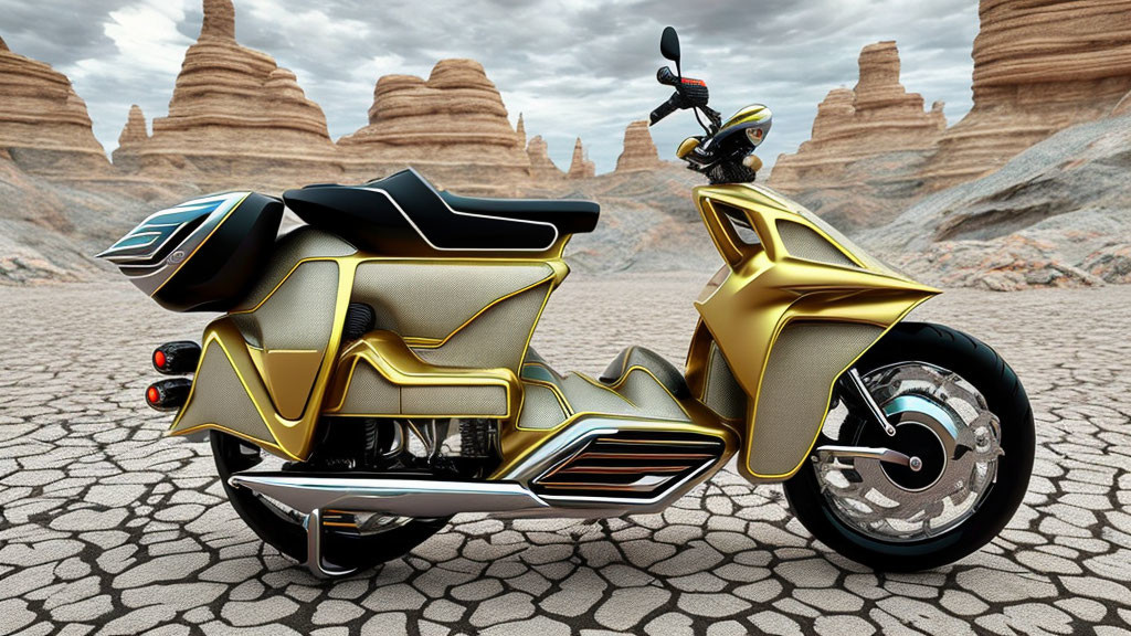 Angular design futuristic golden motorcycle on cracked ground with rock formations.