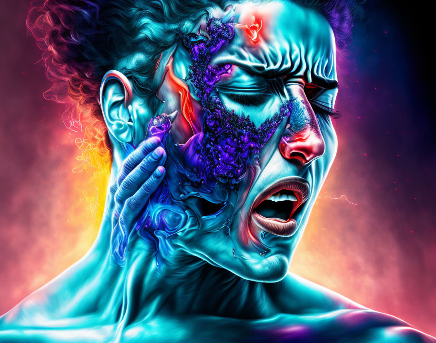 Colorful Digital Art Featuring Person's Face in Explosive Effect