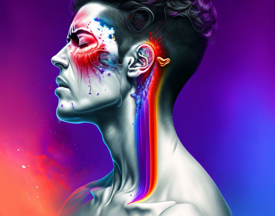 Vibrant profile portrait with colorful paint splatter on purple backdrop