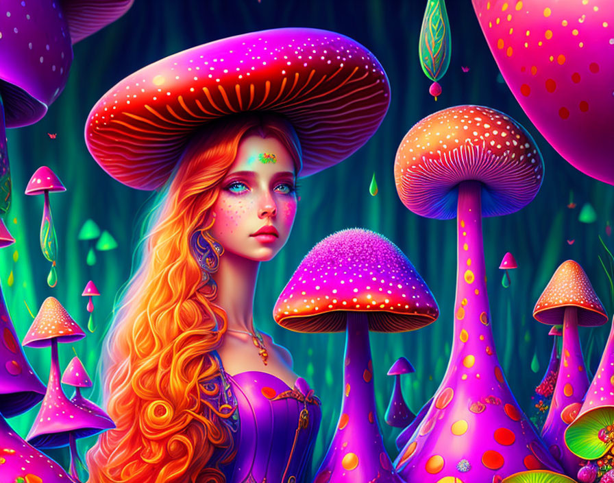 Illustration of woman with mushroom hat in vibrant forest