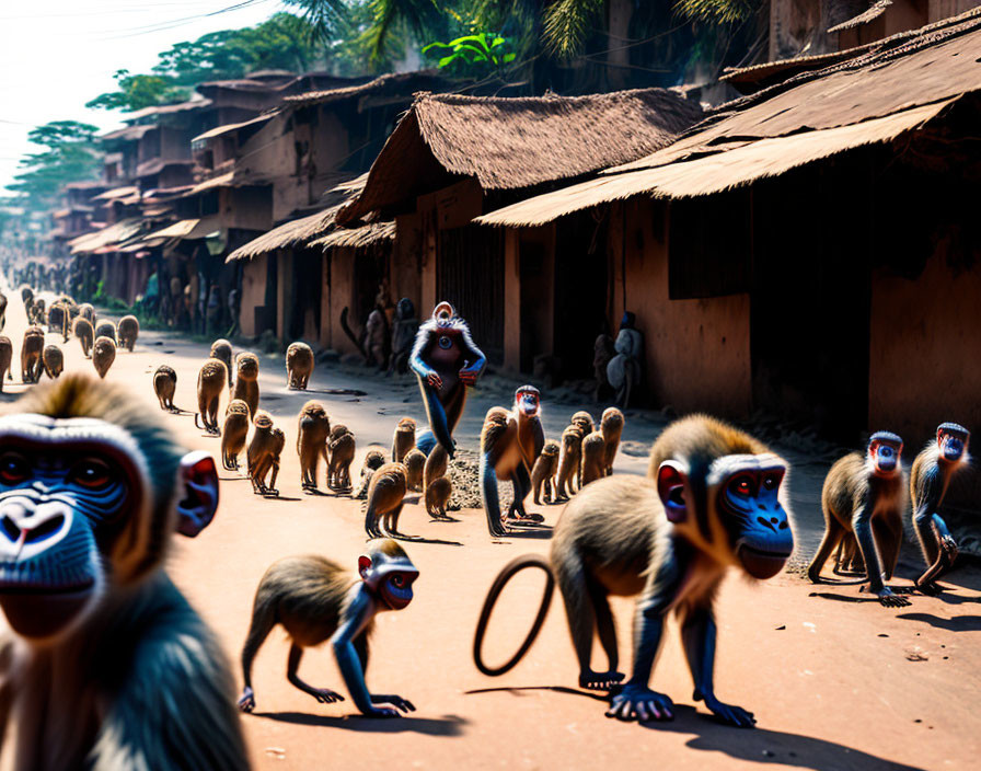 Baboons in dusty street with houses, figures staring.